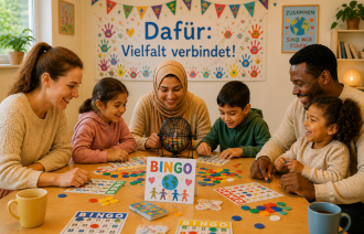 Familie und Kinder spielen gemeinsam Bingo. Im Hintergrund steht „Dafür: Vielfalt verbindet!“., Foto: Fröbel-Familienzentrum Nuthepark
