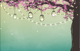 Illustration von Baumzweigen mit rosa Blüten, Lichterketten und hängenden Glaslaternen vor grünem Hintergrund., Foto: Max Mustermann, Lizenz: Max Mustermann