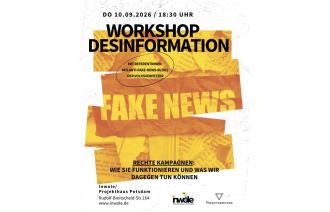 Plakat zum Workshop „Desinformation – Fake News“ am 10. September 2026 in Potsdam., Foto: inwole