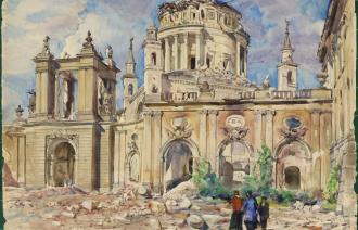 Otto Heinrich, Ruine des Stadtschlosses mit Fortunaportal und Nikolaikirche, 1946, Foto: Holger Vonderlind, Lizenz: © Potsdam Museum