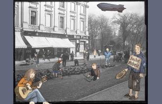 Potsdam, Wilhelmplatz 20 / Ecke Nauener Straße, 1907, Foto: Städtische Lichtbildstelle Potsdam, ergänzt mit Illustrationen von Gerda Raidt aus dem Kinderbuch: Die Straße, Beltz & Gelberg, Lizenz: Städt. Lichtbildstelle Potsdam