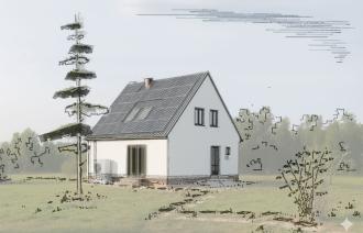 Originaldarstellung von Wilfried Stallknecht zur EW 58-Serie, kombiniert mit einer KI-Visualisierung, die energetische Sanierungsoptionen aufzeigt. © InNoWest, Foto: Wilfried Stallknecht, Lizenz: InNoWest