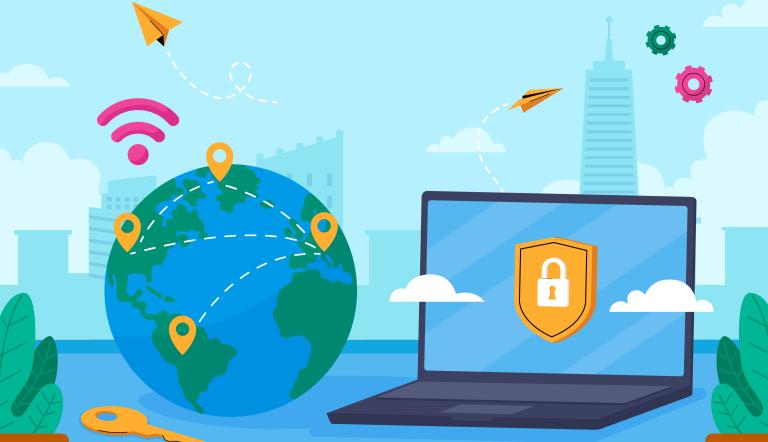 Abbildung einer Weltkugel und einem Laptop