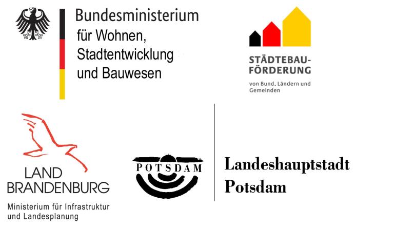 Das Bild zeigt die vier Logos zur Städtebauförderung. Es sind das Logo "Städtebauförderung von Bund, Ländern und Gemeinden", das Logo des "Bundesministeriums für Wohnen, Stadtentwicklung und Bauwesen", das Logo des "Ministeriums für Infrastruktur und Landesplanung" des Landes Brandenburg und das Logo der "Landeshauptstadt Potsdam".