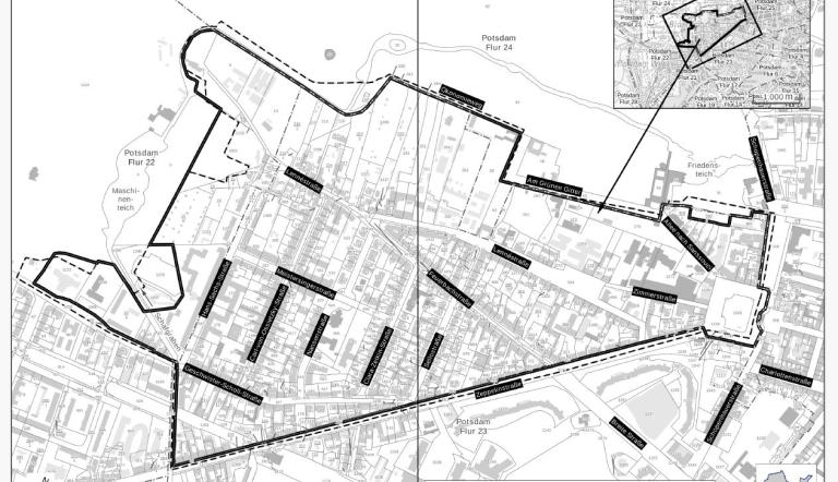 Stadtplan, auf dem der Geltungsbereich der geplanten Erhaltungsatzung eingezeichnet ist