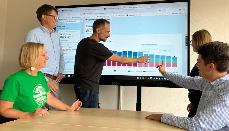 Fünf Personen stehen vor einem digitalen Whiteboard und stellen den Klimamonitor vor.
