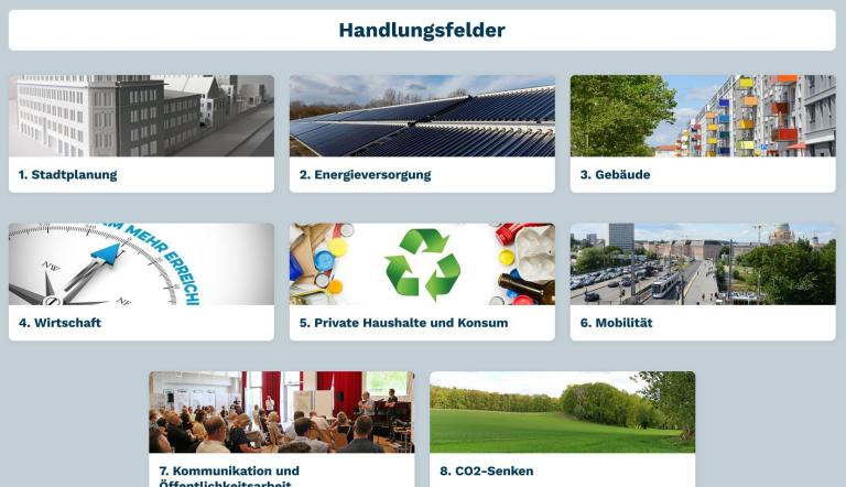 Auf der Startseite des Klima-Monitors Potsdam sind acht Kästchen mit den bebilderten Handlungsfeldern: Stadtplanung, Energieversorgung, Gebäude, Wirtschaft, Private Haushalte und Konsum, Mobilität, Kommunikation und Öffentlichkeitsarbeit und CO2-Senken zu sehen.