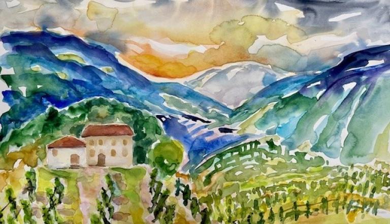 Ein gemaltes Bild von einer italienischen Landschaft.