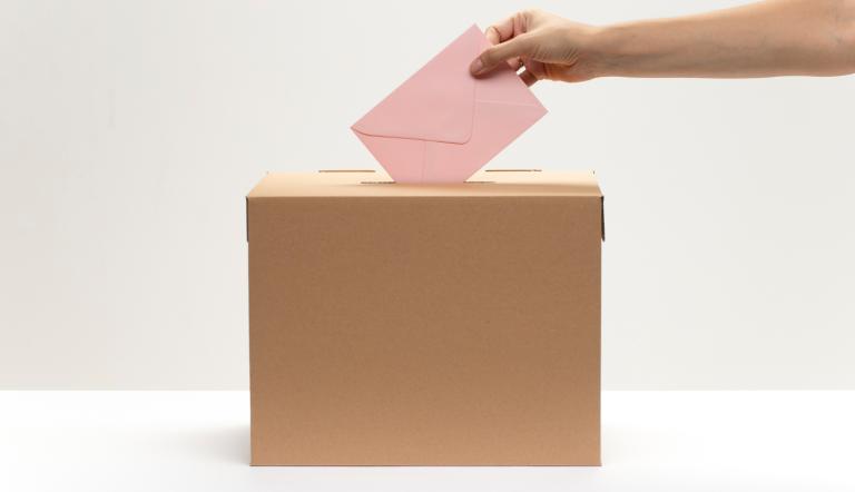 Eine Person steckt einen Briefumschlag in eine Wahlurne.