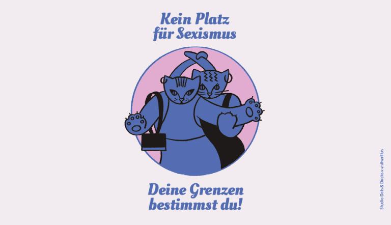 Bierdeckel jetzt erhältlich Kein Platz für Sexismus - Deine Grenzen bestimmst du! Zu sehen sind zwei Frauen - gleichzeitig Katzen in Comicform - die selbstbewusst in Abwehrhaltung sind.