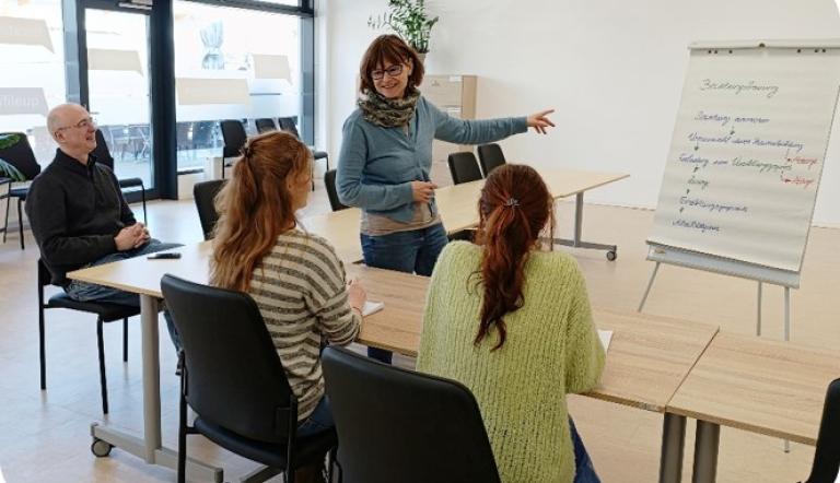 Workshop-Setting Eine Frau steht vor einem Flipchart und erklärt etwas. Ihr zugewandt sitzen drei Personen an Tischen, die ihr zuhören.