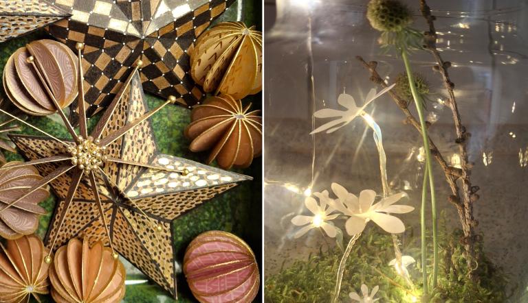 In dem zweigeteilten Bild sieht man links gebastelte Weihnachtsdeko in verschiedenen Goldtönen und rechts gebastelte Blumen mit leuchtenden Halmen.