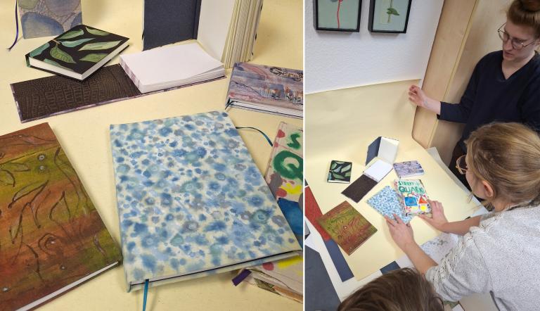 In dem zweigeteilten Bild sieht man Links ein Foto von selbstgebundenen Büchern, rechts sieht man einen größeren Ausschnitt der Situation mit drei Personen, die sich die Bücher anschauen.