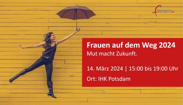 Frau mit Regenschirm vor gelben Hintergrund mit Veranstaltungstitel