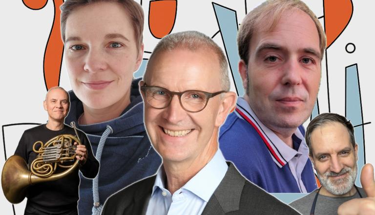 5 Menschen mittleren Alters sind vor buntem Hintergrund in eine Collage zusammengefügt