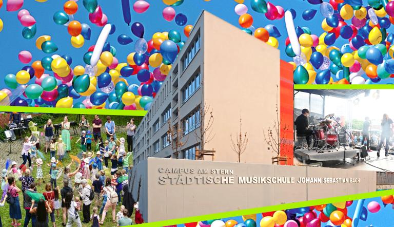 Die Städtische Musikschule feiert am Campus Am Stern Auf einer bunten Collage sehen wir ein großes Musikschulgebäude, Luftballons, Kinder und Familien tanzend mit Tüchern und eine Rockband auf der Bühne