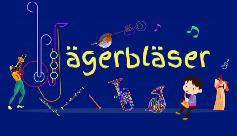 Jägerbläser Logo Blasorchester Verschiedene digital gestaltete Blasinstrumente und Musizierende sind auf dem bunten Logo der Jägerbläser vereint.