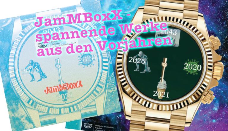 JamMBoxX - Vergangenheit und Zukunft Eine Bunte Collage enthält als wichtigstes Element eine surreale Uhr. Anstelle von Ziffern gibt es ganz verschiedene Jahreszahlen. Auf der 12 Uhr Position sehen wir das Jahr 2046.