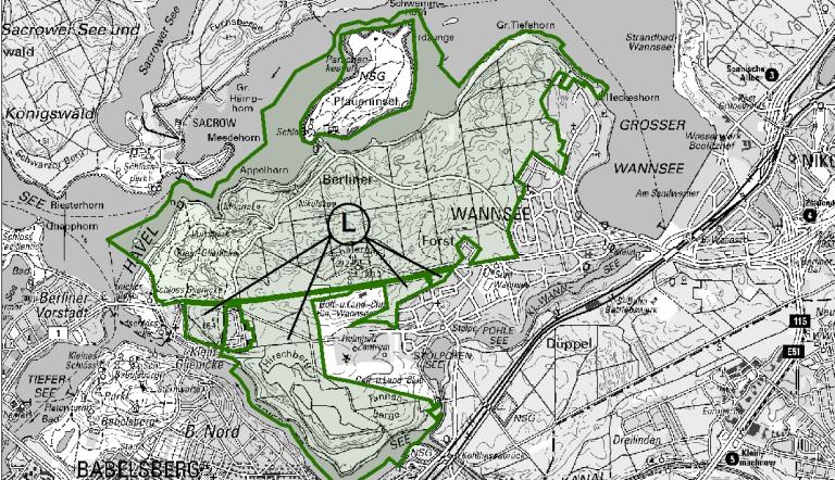 Karte vom Landschaftsschutzgebiet westlicher Düppeler Forst und Glienicker Parklandschaft