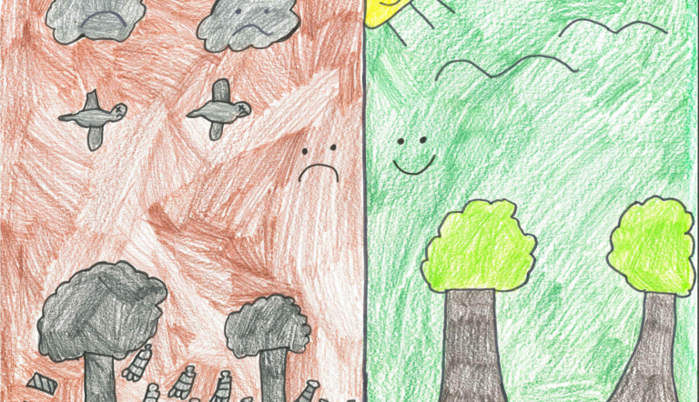 Zweigeteiltes Bild: Auf der linken Seite ist der Himmel und die Erde braun, die Wolken und die Bäume sind grau. Es liegen überall Flaschen. Auf der rechten Seite sind Himmel und Wiese grün und die Bäume braun und grün. Die Sonne lacht.