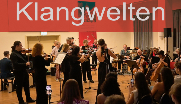 Wir sehen eine Konzertszene. Gut 20 jüngere und ältere Instrumentalist*innen musizieren im Halbkreis im Friedenssaal des großen Waisenhauses