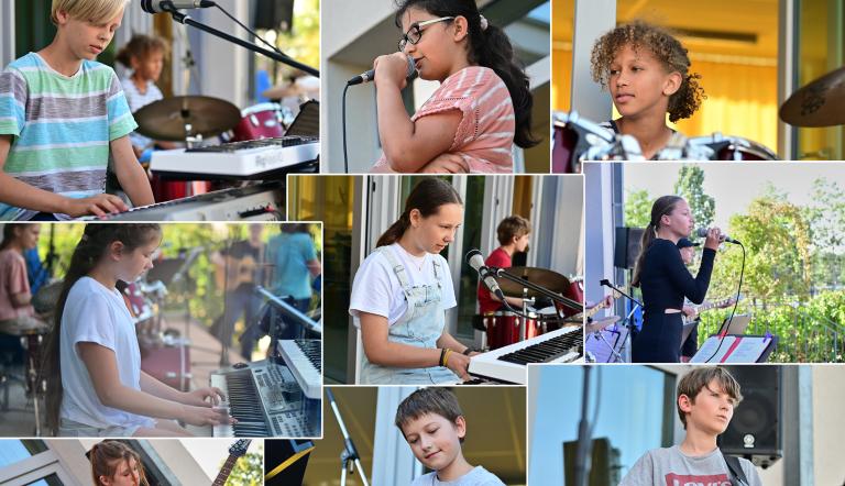 Auf vielen Bildern einer Collage sehen wir Kinder und Jugendliche mit ihrem Pop/Rock-Instrument bei einer Musikschulpräsentation.