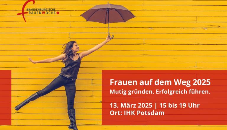 Frau mit Regenschirm auf gelben Hintergrund