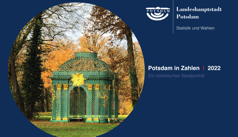 Die Titelseite des Flyers Potsdam in Zahlen 2022, welche ein Bild der Sonnenlaube im Park Sanssouci zeigt.