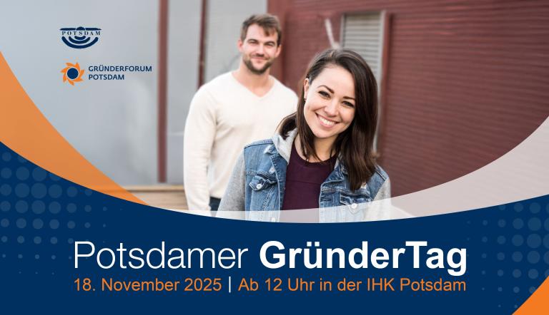 2 Personen lächeln in die Kamera sowie Titel und Veranstaltungsdatum