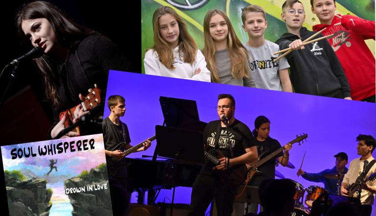 Musikschulleben 2025 / Rock-Pop-Collage In dieser Collage wirkt ein buntes Durcheinander aus Bühnenfotos und CD-Covers von Bands und Einzelkünstlerinnen