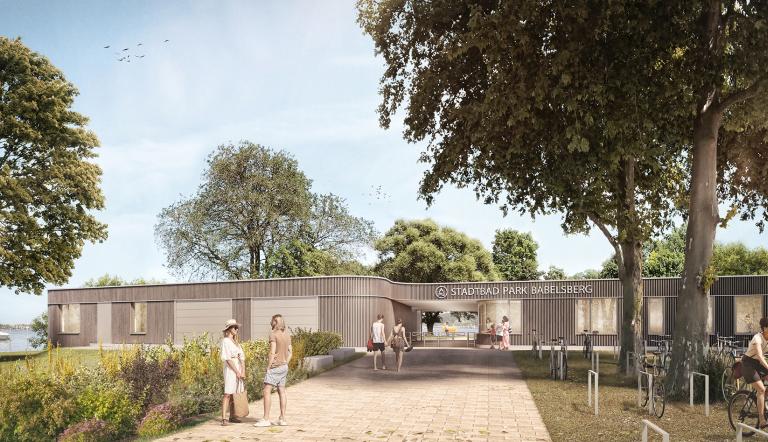 Visualisierung Eingang Stadtbad Park Babelsberg Das Bild zeigt eine Visualisierung des künftigen Eingangs zum Stadtbad Park Babelsberg.