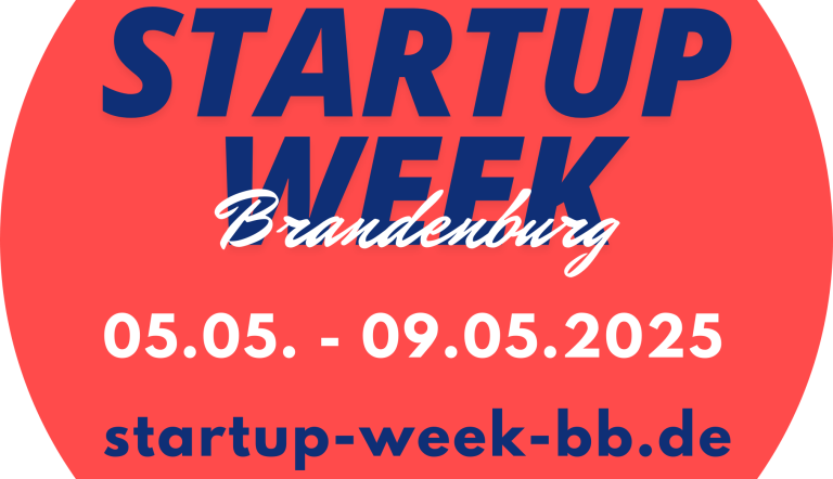 Flyer der Startup Week mit roten und blauen Elementen