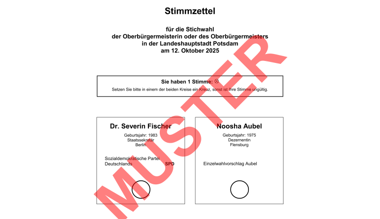Musterstimmzettel zur Oberbürgermeister-Stichwahl 2025 in Potsdam Musterstimmzettel zur Oberbürgermeister-Stichwahl 2025 in Potsdam