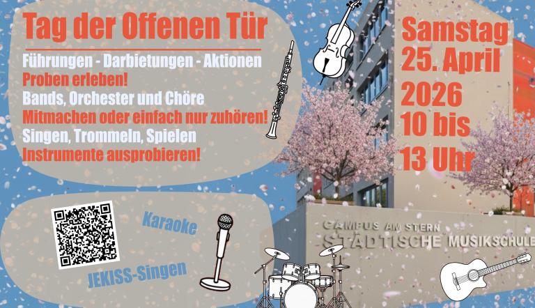 Auf einer frühlingshaften Grafik sind Textelemente sowie das Musikschulgebäude am Stern, fliegende Kirschblüten und gezeichnete Musikinstrumente zu sehen
