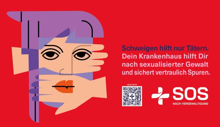 Ausschnitt Plakat "Schweigen hilft nur Tätern." SOS nach Vergewaltigung.
