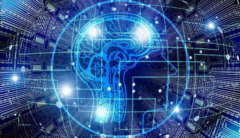 KI-Frühstück #3: Neuronale Netze verändern Kreativwirtschaft und Gesellschaft Zeichnung Profil von einem Kopf und Datenströme im Kopf und außerhalb