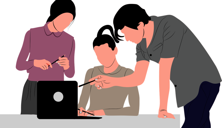 Drei Personen schauen auf einen Laptop, eine sitzt, die anderen schauen über die Schulter. Bei dem Bild handelt es sich um eine Graphik / Zeichnung.