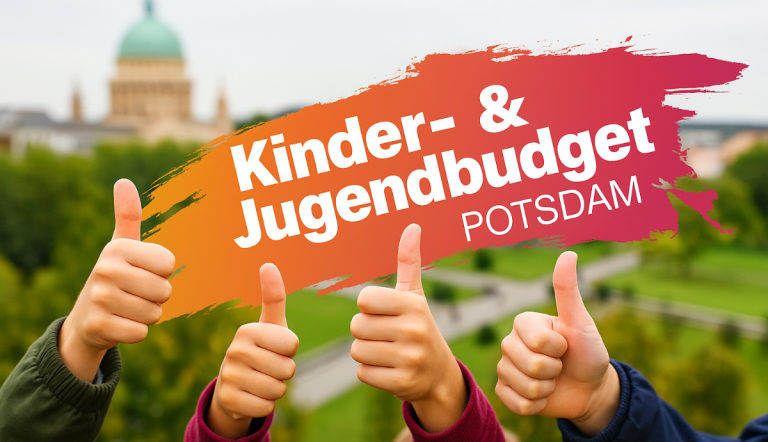Schriftzug des Kinder- und Jugendbudget vor Potsdam Silhouette