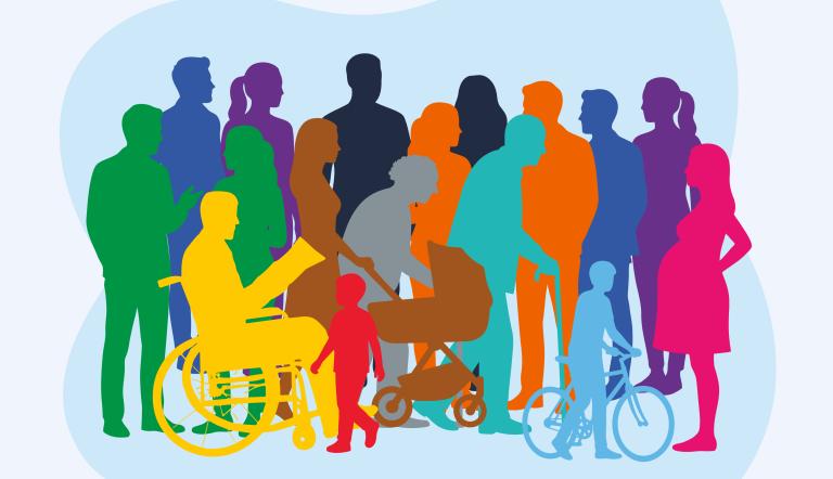 Illustration einer vielfältigen Gruppe von Menschen unterschiedlichen Alters, darunter eine Person im Rollstuhl, eine Person mit Rollator und ein Kind mit Fahrrad.