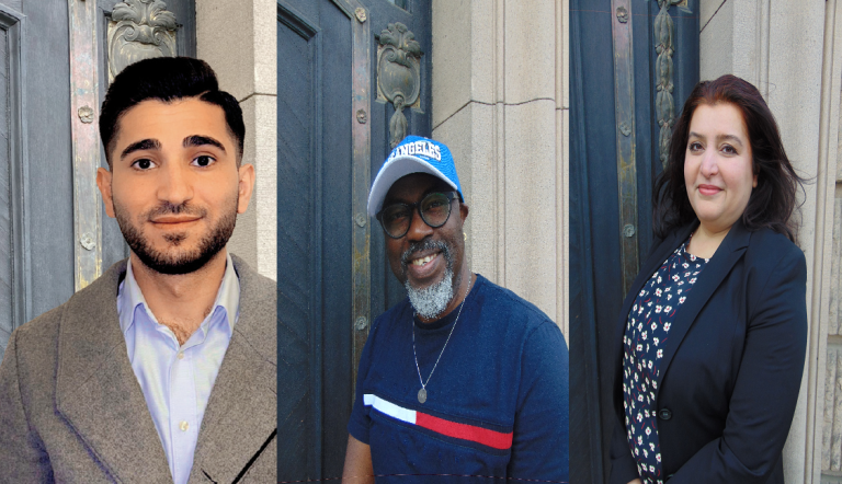 Ali Taher, Chuks-Quinn Chukwuedo und Fereshta Hussein stehen am Eingang des Rathauses. drei Einzelporträts