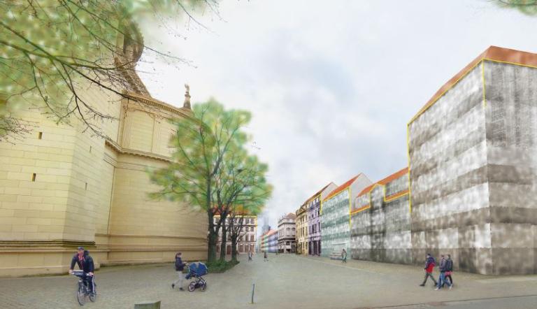 Visualisierung Stadtraum zwischen Nikolaikirche und Block V, Visualisierung: AST, Andreas Stadler 2022 Visualisierung Stadtraum zwischen Nikolaikirche und Block V, Visualisierung: AST, Andreas Stadler 2022
