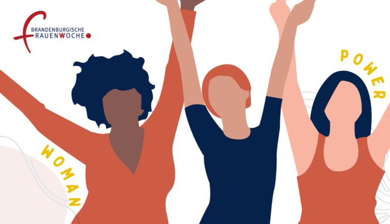 33. Brandenburgische Frauenwochen Das Bild zeigt eine Illustration mit drei jubilierenden Frauen.