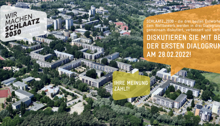 Einladung zum Dialog "Schlaatz 2030" (Luftbild: Falcon Crest) Einladung zum Dialog "Schlaatz 2030" (Luftbild: Falcon Crest)