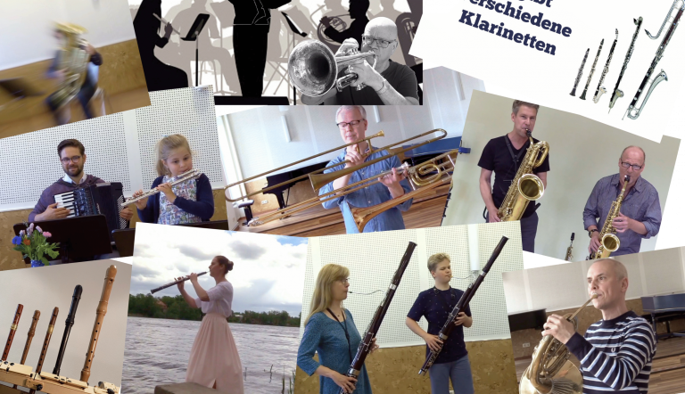 Unsere Blasinstrumente Auf einer Bildcollage sind viele Beispielfotos von Spieler:innen mit Blasinstrumenten kunterbunt durcheinander gewürfelt zu sehen
