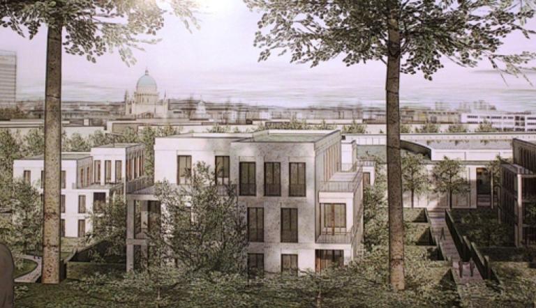 Stadtansicht vom Brauhausberg aus beim Siegerentwurf Löffler/Engler.