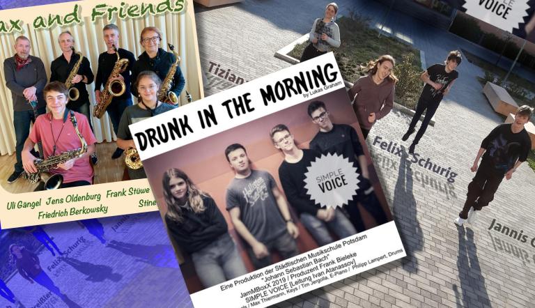 Zu sehen ist eine Collage aus mehreren CD Covern - Jugendliche und altersgemischte Ensembles der Musikschule sind darauf zu sehen