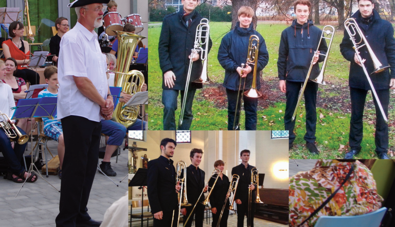 Zu sehen ist eine Collage aus drei Fotos. Auf zweien sehen wir ein Posaunenquartett, vier junge Leute mit Instrumenten auf einer Wiese beziehungsweise in einer Kirche. Auf dem dritten steht Dieter Bethke, ein schlanker rüstiger Senior mit einem lustigen Hut, der eine Ansprache vor einem Publikum hält. Er ist Dieter Bethke.