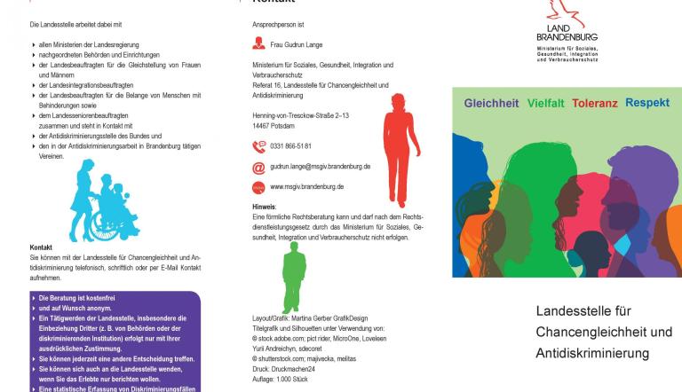 Flyer der Landesstelle für Chancengleichheit und Antidiskriminierung (Quelle: MSGIV). Deckblatt Flyer der Landesstelle für Chancengleichheit und Antidiskriminierung
