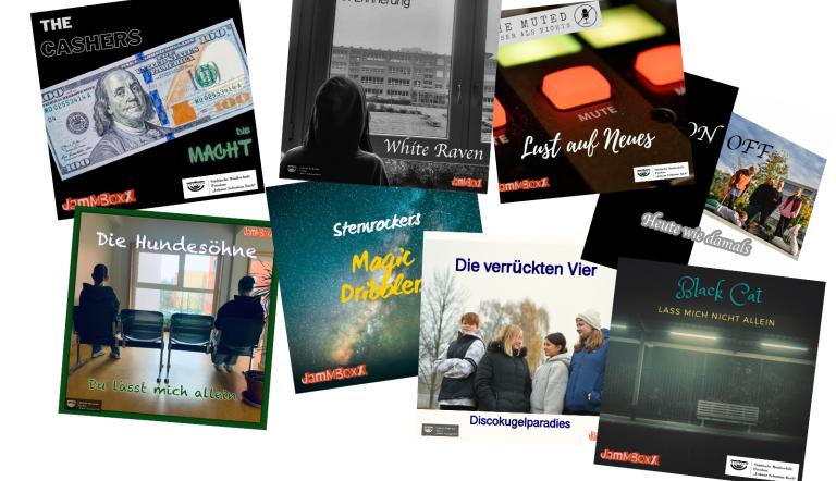 Ausgewählte JamMBoxX CD-Cover (Gestaltung: JamMBoxX Teilnehmende & Team) Acht CD Cover aus den Produktionen des kreativen Tonstudio JamMBoxX der Musikschule sind hier zu sehen. Sie machen einen kunterbunten und zusammengewürfelten Eindruck