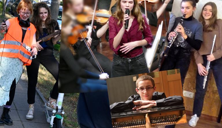Ein Zusammenschnitt aus verschiedenen Bildern - alle zeigen Jugendliche in musikalischer Aktion mit Klarinetten, vor Orchestern, mit einer E-Gitarre...
